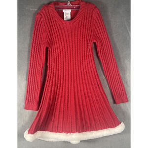 Tahari Dress Girl's 5/6 Red Cable Knit Sparkly Faux Fur Trim‎ Christmas Party